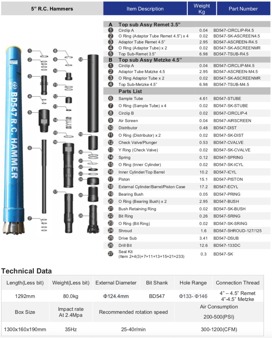 Black Diamond Drilling BD547 RC Reverse Circulation Hammer schematic parts list and technical data